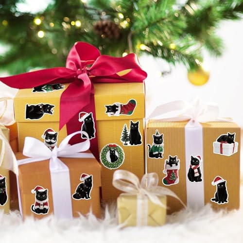 Image of Christmas Black Cat Stickers - 600 Pcs Christmas Black Cat Waterproof Vinyl Reusable Laptop Stickers Coloring Book Scrapbook Water Bottle Page Activity Pad Party Favors Skateboard Giftwrap