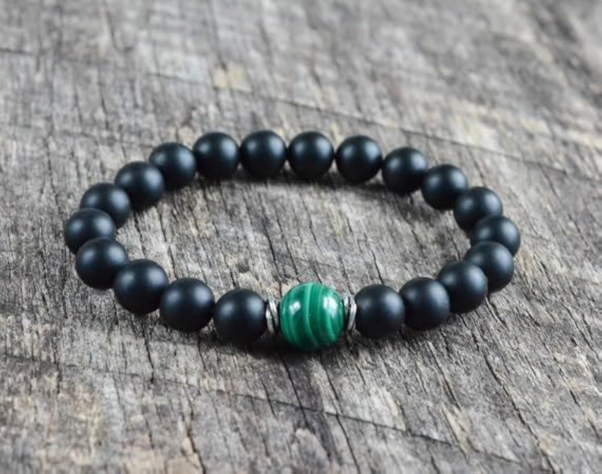 Natural Matte Onyx & Malachite 8mm Bead Stretchable Bracelet, Unisex
