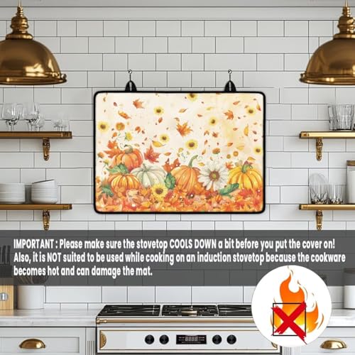 Image of Fall Glass Ceramic Top Stove Cover Anti-Scratch Universal Induction Cooktop Protector Mat for Electric Stove with Non-Slip Rubber Backing, 29 x 21 Inch, Fall Pumpkin Daisy Maple Leaf Print
