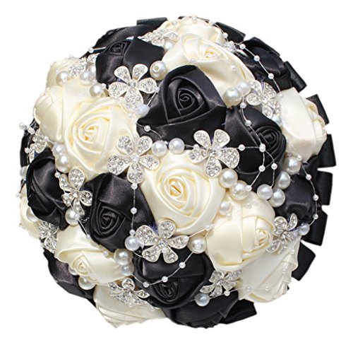 S_SSOY Wedding Bouquet Bride Bridal Brooch Bouquets Bridesmaid Bouquet Diamond Pearl Ribbon Valentine's Day Confession Party Church with Free Corsage Flower, Black+White