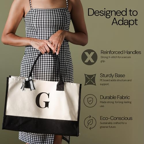 Image of Salt Earth Canvas Tote Bag for Women, Personalized Initial Monogram Tote, Beach Grocery Utility Tote for Travel & Work