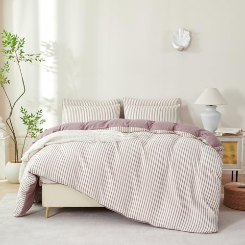 Image of Grayish Purple Striped Comforter Set Queen - 3 Pieces Bedding Comforter Set for All Season, Soft Lightweight Washed Microfiber, 1 Striped Comforter and 2 Pillowcases (Purple, Queen Size)