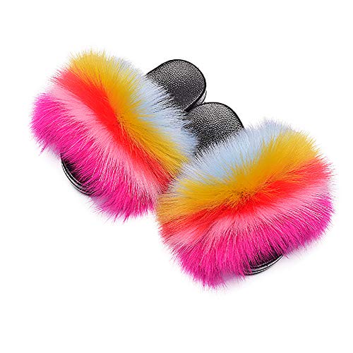 Girls Summer Colorful Faux Fur Slippers Indoor Outdoor Slides Furry Sandals Shoes