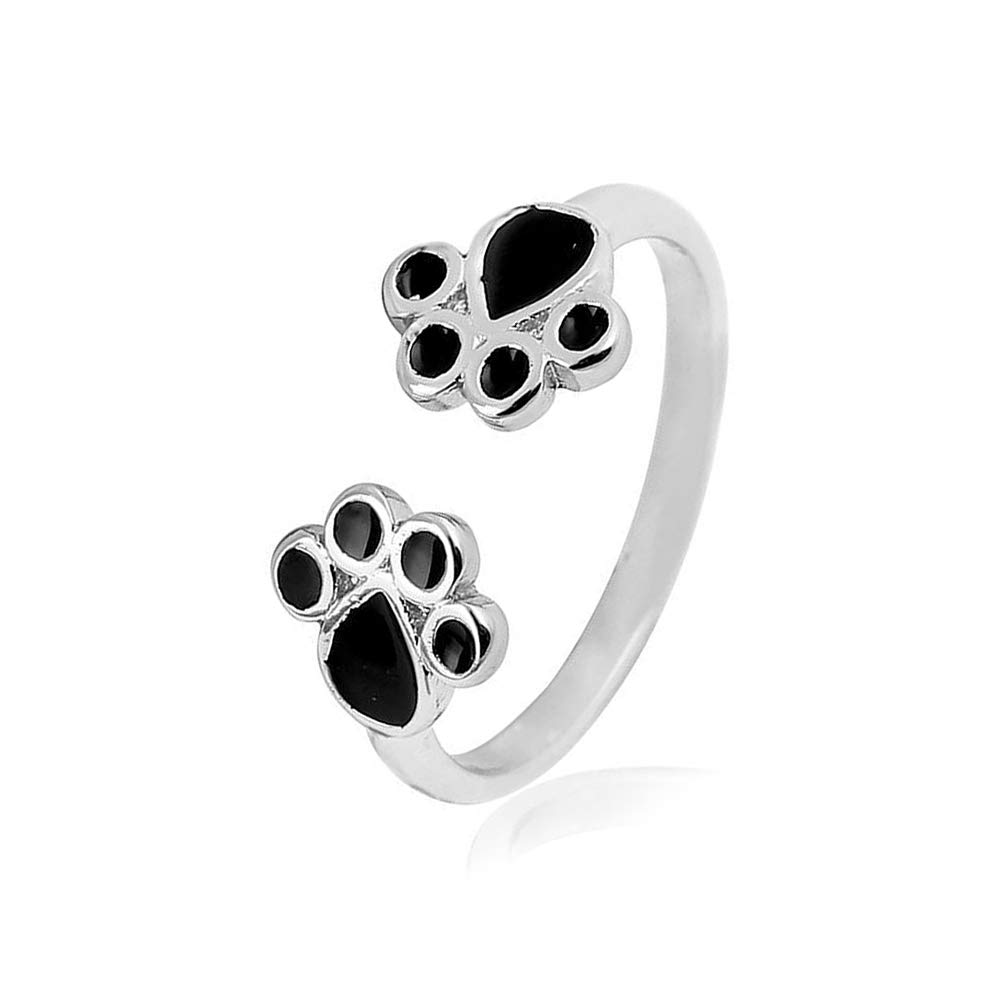 Silver Puppy Dog Cat Pet Paw Print Ring. Adjustable Footprint Wrap Open Rings Cute Animal Ring for Women Girl's Jewelry