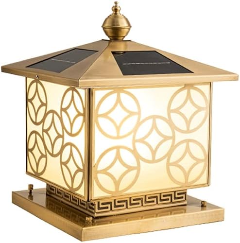 3 luces de pilar solar de lujo con pantalla de vidrio, metal de cobre, luz solar para exteriores con base E27, iluminación de calle para villa,