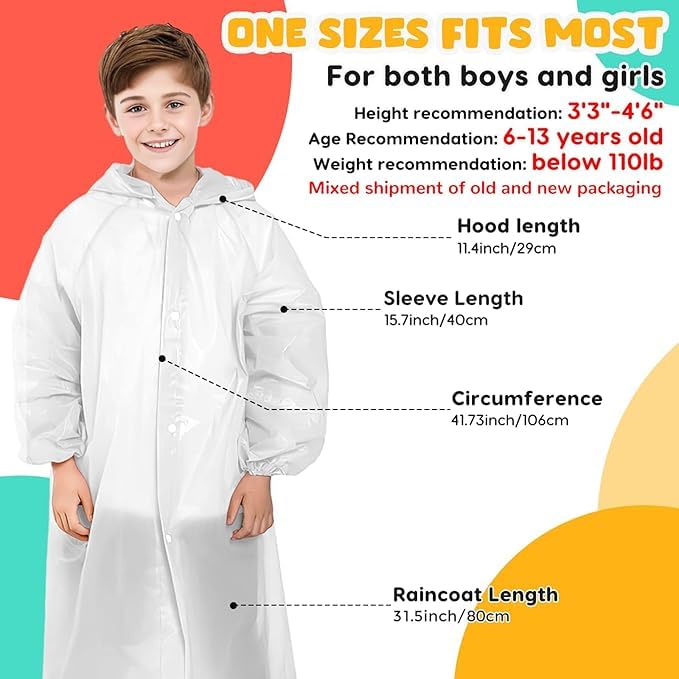 Image of BFONS 2-3 Pack Rain Ponchos for Kids, Reusable Raincoats for Boys Girls with Hood and Sleeves, Waterproof Rain Jackets