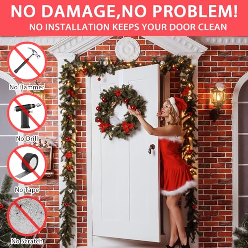 Image of 12 inch Metal Over The Door Wreath Hanger for Front Door - Non-Scratch Door Hook for Hanging Christmas Wreaths, Holiday Decor & Welcome Signs, Durable Wreath Hanger Hooks for Home Decoration, White