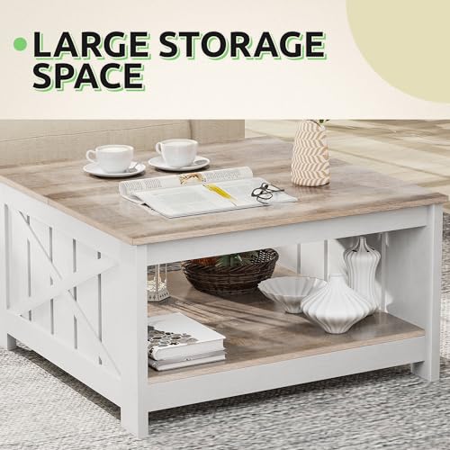 GOOBED Farmhouse Sqare Coffee Tables for Living Room with Storage, Grey Wash Coffee Table 2 Tier Spaciou Storage Shelf, Modern Center Table Small Coffee Tables, Grey Wash