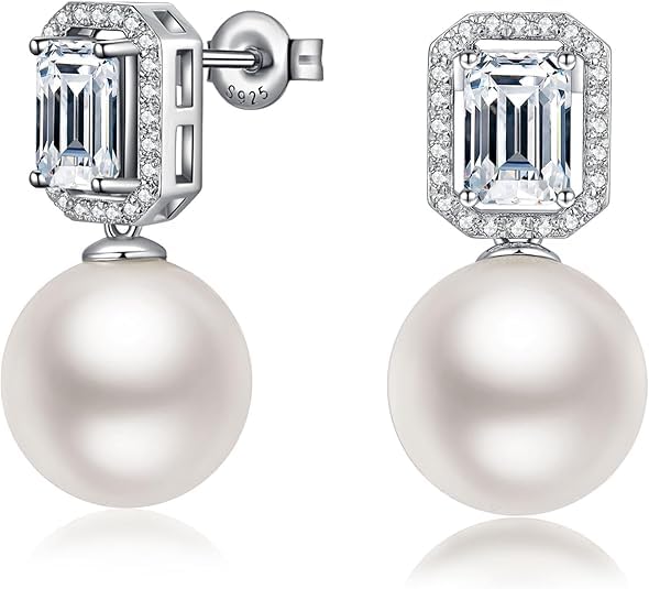 12MM White Artificial Pearl Earrings for Women Sterling Silver Halo Stud Earrings Created Emerald May Birthstone Dangle Earrings