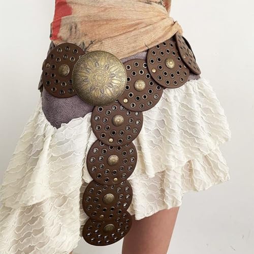 Western Belt for Women Wide Hollow Leather Disc Belt with Metal Buckle Style Cowgirl Waist Belt for Dresses Skirt2