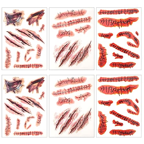 6 Hojas Herida Sangrienta Falsa, 21x15cm a Prueba de Agua Tatuaje de Sangre Puntadas Tatuajes Temporales para Adultos Niños Maquillaje Fiesta de Disfraces de Cosplay