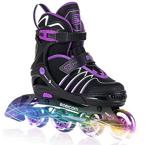 BOBICOM Adjustable Inline Skates with Full Light Up Wheels,Outdoor Illuminating Roller Skates for Kids and Adults, Girls and Boys, Men and Women, Purple M