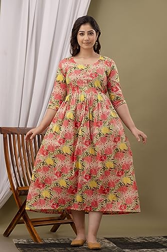 Image of The Moon Star Women's Cotton Floral Printed Anarkali Maternity Feeding Kurti | Breastfeeding Dress for Mothers | Zipper Feeding Kurti, Nursing Kurti, Comfortable and Trendy Maternity Wear