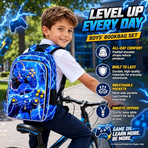 Image of 17 inch Gamer Backpack, Boys Lightning Kids Bookbag with Lunch Box, 3Pcs School Backpacks for Elementary Preschool Kindergarten (Blue)