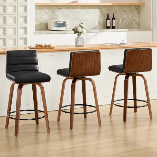 Image of Swivel Bar Stools Set of 3,26 inch Faux Leather Counter Height Barstools with Back,Mid Century Modern Upholstered Bar Chairs with Bentwood Legs Island Stools for Kitchen Counter Black