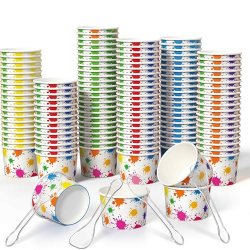 Image of Boao 100 Set 5 oz Ice Cream Cups with Spoons Disposable Paper Sundae Dessert Bowls Summer Party Supplies (Splatter)
