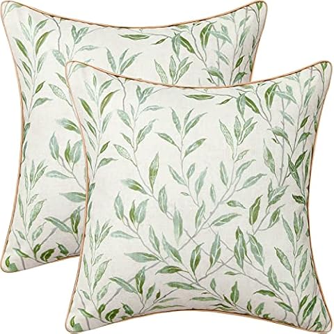 VOGOL Farmhouse Throw Pillow Covers, Country Rustic Green Leaves Pattern Printed Home Decorations, Set of 2 Cushion Cases for Bed Couch Sofa Car, 18 x 18 Inches Cover
