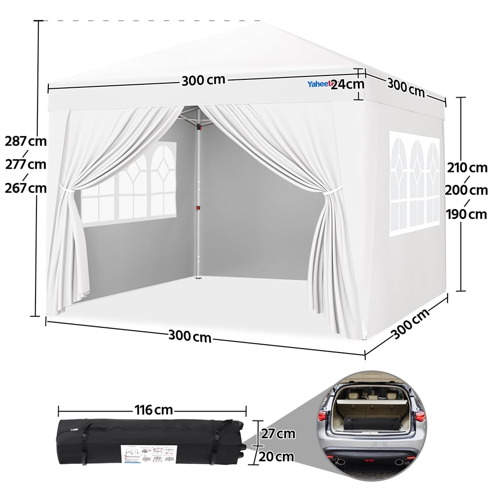 Yaheetech Tonnelle de Jardin Pop-up 3x3m avec 4 Parois Latérales Blanc | Hauteur Réglable Cadre Métal Résistant Parois avec Fenêtres Transparentes Sac à Roulettes, pour Mariage Fête Camping Jardin