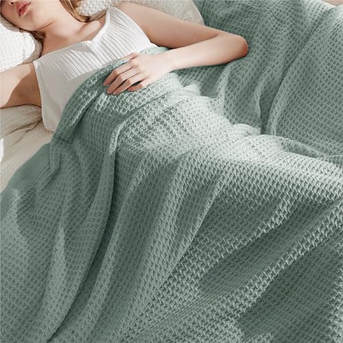 Image of Bedsure 100% Cotton Blanket Full Size for Bed - Breathable and Soft for Summer, Thick Cozy Waffle Weave Blanket Gifts for Women, Sage Green, 80x90 Inches