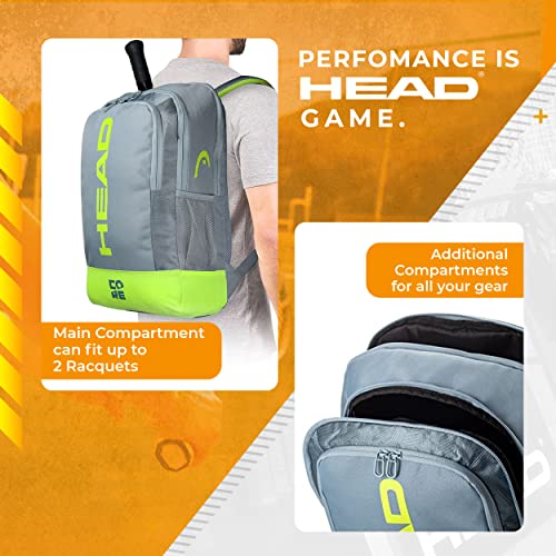 Head Core Tennis Backpack - 2 Racquet Carrying Bag W/Padded Shoulder Straps / Grey/Yellow / Large #TOP3