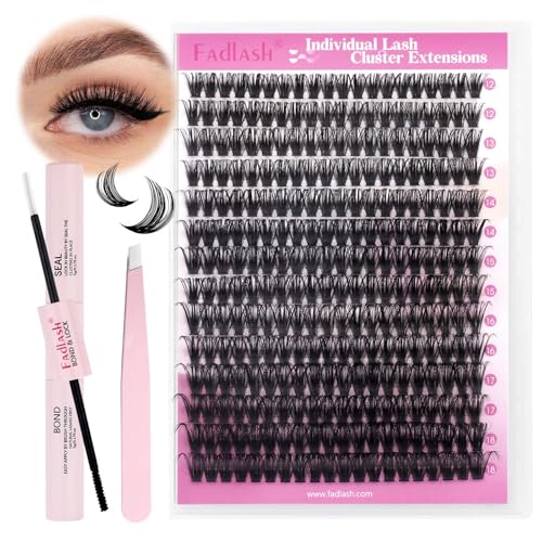 FADLASH 60D 0.07mm D Curl 12-18mm with Bond and Seal and Tweezers Natural Cluster Lashes DIY Eyelash Extensions