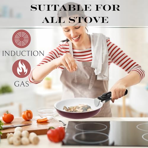 Image of Moss & Stone Aluminum Pots And Pans Set Nonstick, Removable Handle Cookware, Stackable Pots And Pans Set, Dishwasher safe, Induction Pots And Pans, Camping Cookware Set (5 Pcs Burgandy)