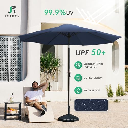Image of JEAREY 9FT Outdoor Patio Umbrella Outdoor Table Umbrella with Push Button Tilt and Crank, Market Umbrella 8 Sturdy Ribs UV Protection Waterproof for Garden, Deck, Backyard, Pool (Purplish Blue)