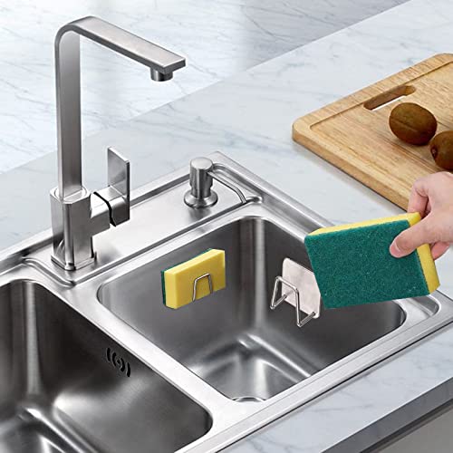 Image of 2Pcs Sponge Holder for Kitchen Sink, Strong Adhesive, Silver Stainless Steel, Rustproof, Waterproof, Holds Up to 8 lbs, Kitchen, Bathroom