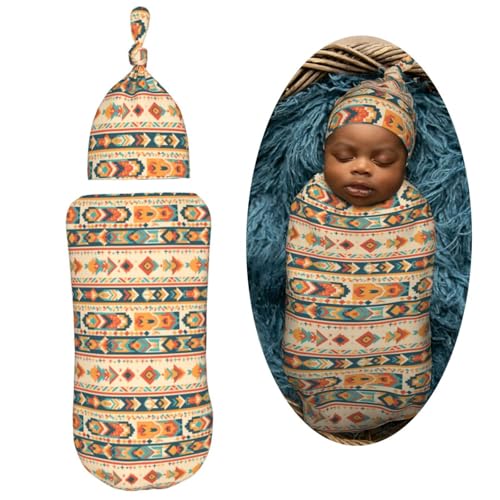 Image of Vintage Aztec Style Pattern Newborn Swaddle Blankets Hat Sets Soft Baby Receiving Blanket Swaddle Sack for Baby Shower Infant Boy Girl Gift