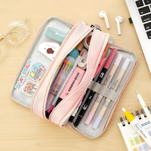Image of Kawaii Cute Aesthetic Pencil Case for Girls & Boys | 3 Layer 6 Compartment Large Capacity Pencil Pouch with Zipper | Cartoon Stationery Organizer Bag for Students & Kids (Special 2 (Pink))