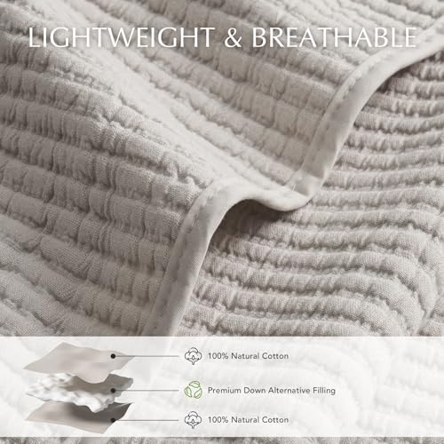 Image of EVERGRACEHOME Cotton Coverlet Set King Size 3 Pieces, Lightweight Soft Ribbed Matelasse Bedspread Quilt Set, Cozy Oversized Quilted Bedding Set with 2 Pillow Shams for All Seasons, Birch