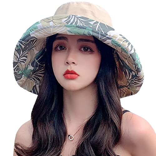 Huamulan Summer Sun Hat For Women,Metal Wired Edge, Reversible Wide Brim Cotton Blend Boho Beach Hat With Floral & Solid Color Design, Windproof Chin Cord String - Perfect For Travel & Vacation #TOP27