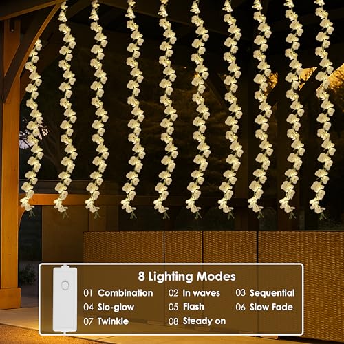Image of Gesto White Artificial Flower Curtain LED String Lights - 200 LED Warm White Fairy Lights with 8 Modes | AC Plug Mesh Curtain Lights for Balcony,Bedroom,Home,Diwali Decoration Hanging Lights (10x3 Ft)