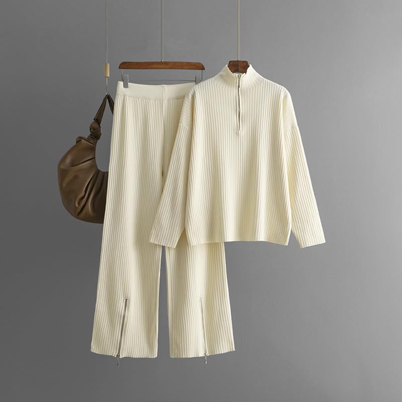 OrDobo Completi da Donna 2 Pezzi Tuta - Completo Lavorato A Maglia da 2 Pezzi con Cerniera Maglione A Collo Alto Caldo Casual Tinta Unita Pantaloni A Gamba Larga E A Vita Alta