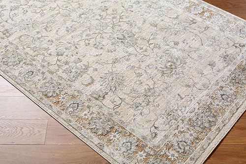 Image of Hauteloom Kerem Boho Vintage Traditional Oushak Area Rug - Farmhouse Oriental Floral Damask Carpet for Living Room, Bedroom, Dining Room - Taupe, Beige, Olive; Blue 7'10 inch x 10'2 inch (8x10)