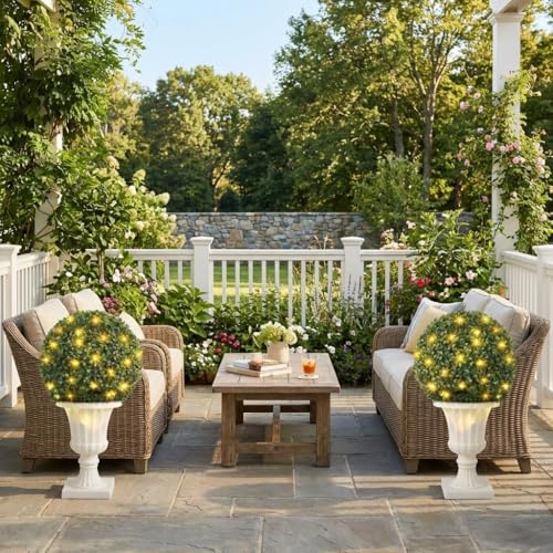 OUTLANE 25" Pre-Lit Topiary Trees Outdoor 2 Pack, 16" Faux