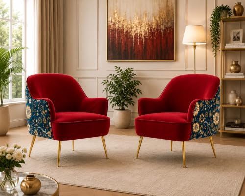 Image of Velvet Chair with Pillow for Home | Modern Accent Armchair in Soft Velvet Fabric with Golden Legs | Premium Accent Chair for Living Room Bedroom Restaurent | (Red, Big Zara)