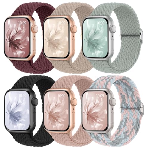 Image of 6 Pack Braided Stretchy Bands Compatible with Apple Watch Band 38mm 40mm 41mm 42mm 44mm 45mm 46mm 49mm Women Men, Adjustable Nylon Solo Loop Elastic Straps for iWatch Series 11 10 9 8 7 6 5 4 SE Ultra