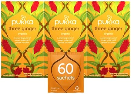 Pukka Three Ginger, Organic Herbal Tea With Turmeric & Galangal, Perfect for After Meals, 60 Tea Bags (3 Pack)
