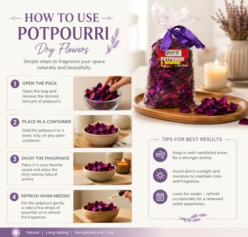 Image of Pure Source india Unscented Dried Flowers Leaves Potpourri Gift Bag for Home Decoration Room Office Bathroom Vase Fillers(50 GM Potpourri Bag Purple)