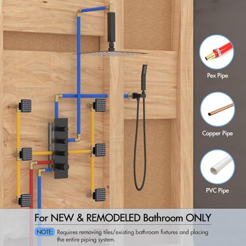 Image of Shower System with Body Jets, 16 inch Ceiling Rainfall Showe Jets System with Handheld Multiple Shower Head System(Can All Run One Time) Thermostatic Shower System with Valve and Trim