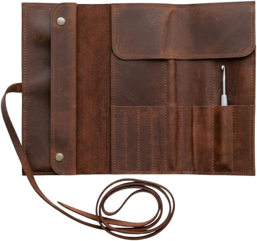 TORAKIP Leather Crochet Hook Case (13.8" x 9.8") – Handmade Crochet Hook Organizer Roll with Multiple Slots, Travel Crochet Storage Case, Knitting Needle Holder (Hooks Not Included), Brown