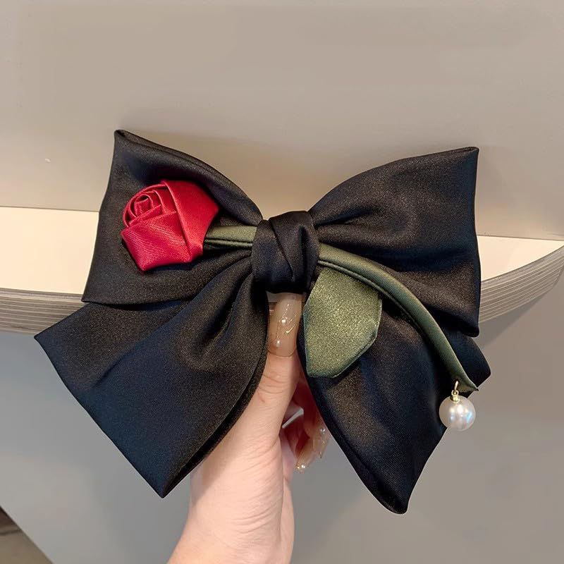 Miniatura 6 de Pinzas para el cabello con lazo negro para mujeres y niñas, con lazo de satén sedoso, pasador de pelo grueso, lazos de cinta de perlas, grandes