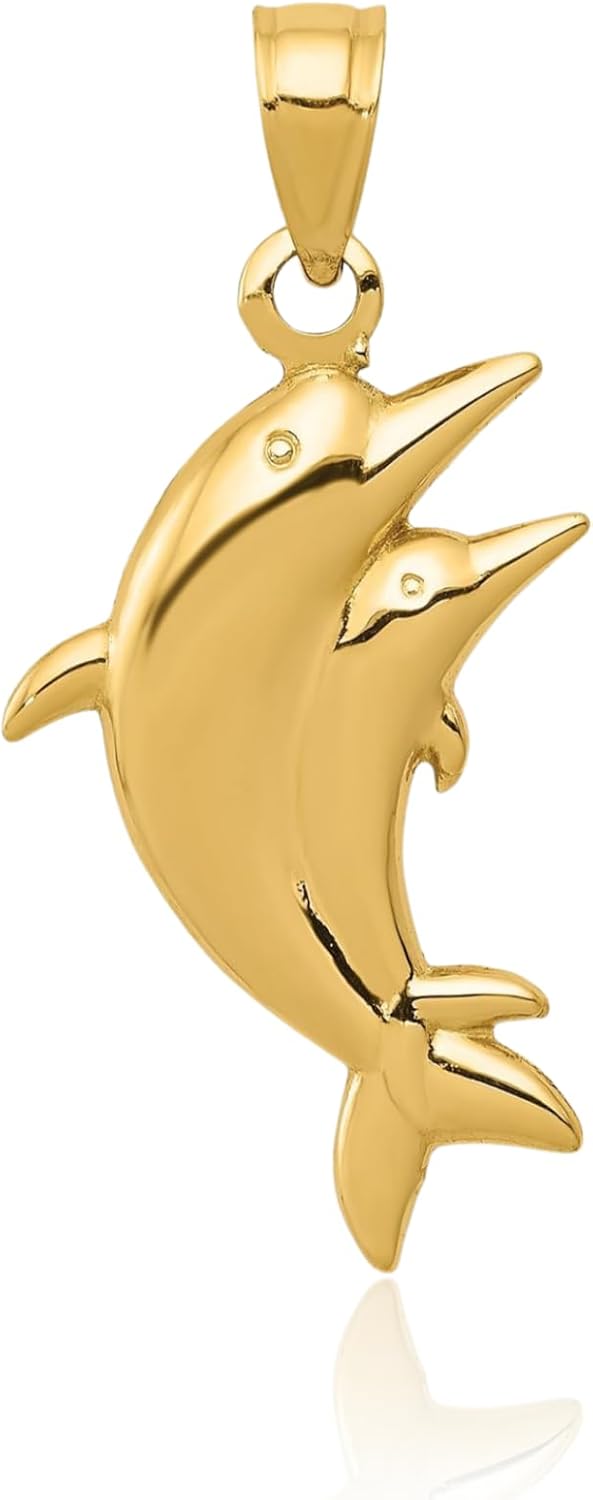 IceCarats 14K Solid Yellow Gold Large Dolphin Pendant Necklace 28mm 1.1 inch Polished for her
