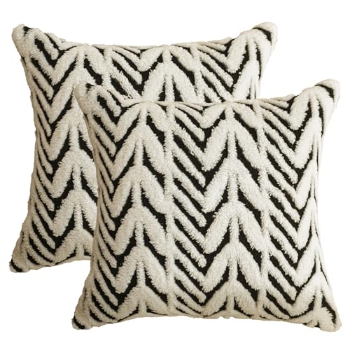 AVOIN colorlife Black Stripe Leaves Beige Throw Pillow Covers, 18 x 18 Inch Soft Plush Faux Fur Jacquard Cushion Case Decoration for Bedroom Holiday Home Sofa Couch Set of 2