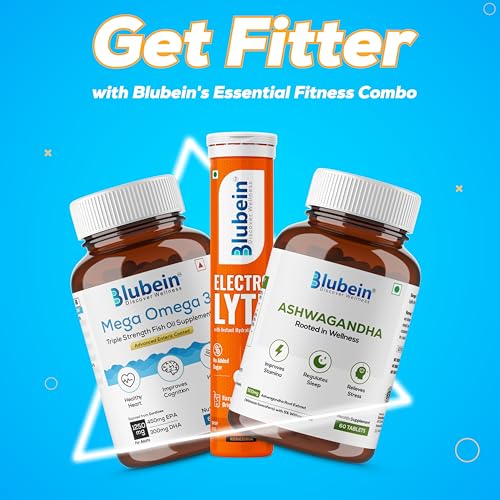 Image of Blubein Fitness Combo|Mega Omega 3 Fish oil Capsules 60N|Ashwagandha with 5% withanolides 60N | Electrolyte for Instant Energy 20N