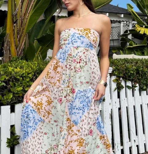 Image of Women Floral Print Maxi Tube Dress Strapless Flowy Long Bandeau Dress Y2K Open Back Sundress Summer Beachwear