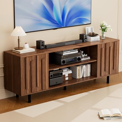 59″ TV Stand for 55 60 65 Inch TV, Entertainment Center with Storage Cabinet and Adjustable Shelves, Modern Mid-Century Wood TV Console Table for Living Room, Bedroom