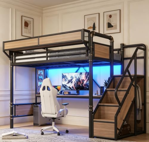 Image of Bellemave Twin loft Bed with Storage Stairs, Wardrobe, Shelves, Metal Twin Loft Bed Frame for Adults, Kids, Teens, Black+Natural Wood with Black Stairs