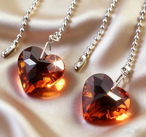 Image of 2Pcs Crystal Ceiling Fan Pull Chain Extender with Connector, 12 inch | K9 Crystal Glass, Not Acrylic, Heart Prism, Cut-To-Length Adjustable, Snap-On Connector For Fan, Light, Lamp (Amber)